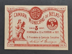 PORTUGAL EMERGENCY PAPER MONEY CAMARA MUNICIPAL DE NÉLAS 5 CENTAVOS Notgeld - Picture 1 of 4