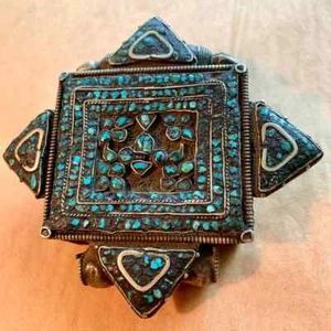 Rare Antique Tibetan Gao Prayer Box Pendant W Color Turquoise 19th - Picture 1 of 7