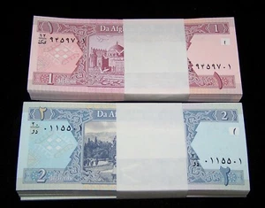 200 pcs x Afghanistan banknotes-100 x 1 & 2 Afghanis-2002 UNC currency-P64 / 65 - Picture 1 of 2