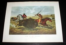 OLD 1960'S CURRIER & IVES LITHO PRINT, "LIFE ON THE PRARIE, BUFFALO", ORIG 1862!