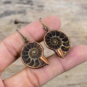 Gift For Her Copper Ammonite Fossil Electroformed Drop/Dangle Earrings 1.77" - Picture 1 of 6