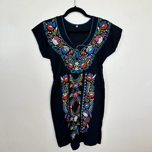 Ladies Mexican Peasant Embroidered Dress Black Knee Length 12 14 or XS Womens - Picture 1 of 8