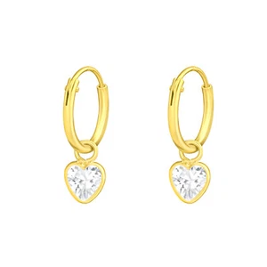 Gold-Plated 925 Sterling Silver Hoop Sleeper Earrings with Crystal CZ Heart - Picture 1 of 1