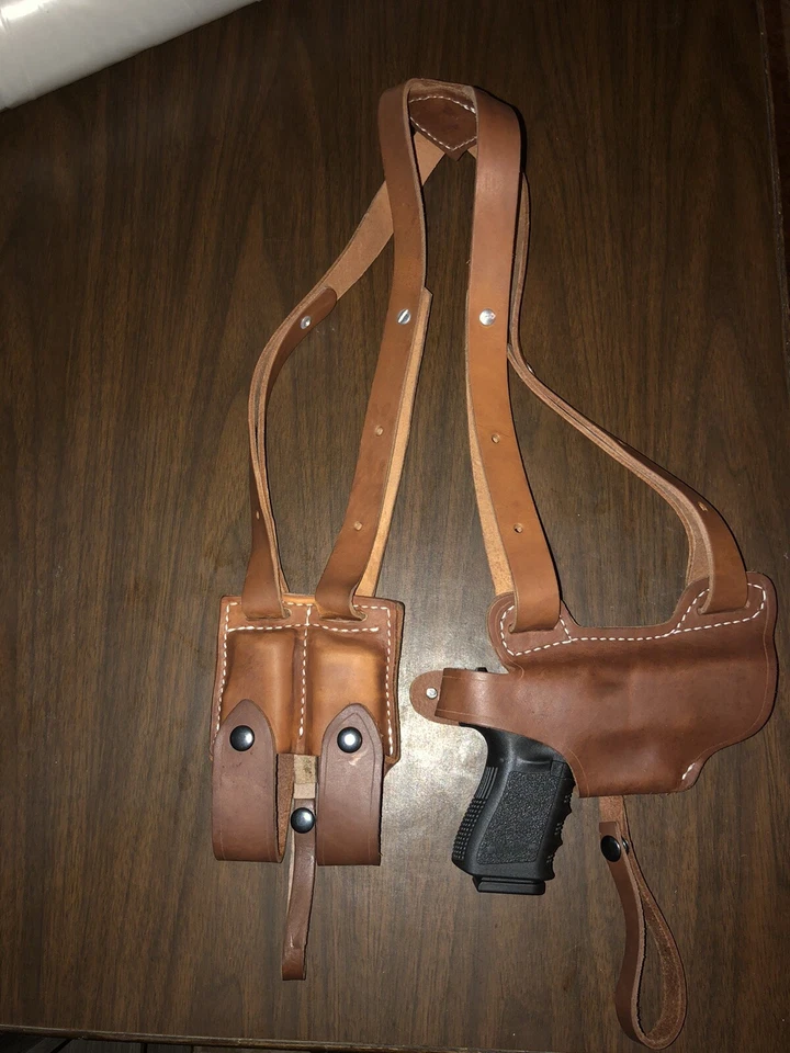 Leather Shoulder Holster & Dual Magazine Pouch Horizontal Fits Glock 19 & 23 USA - Image 1 of 4