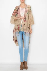 NWT ORIGAMI cardigan LACE Magnolia WESTERN DUSTER bohemian SM-XXL  KIMONO beige - Picture 1 of 6