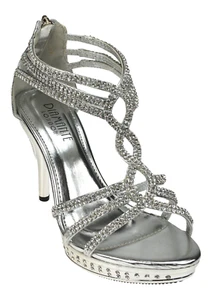 SILVER LADIES DIAMANTE HIGH HEEL SANDALS WEDDING BRIDAL EVENING SANDALS SIZE 5 - Picture 1 of 3