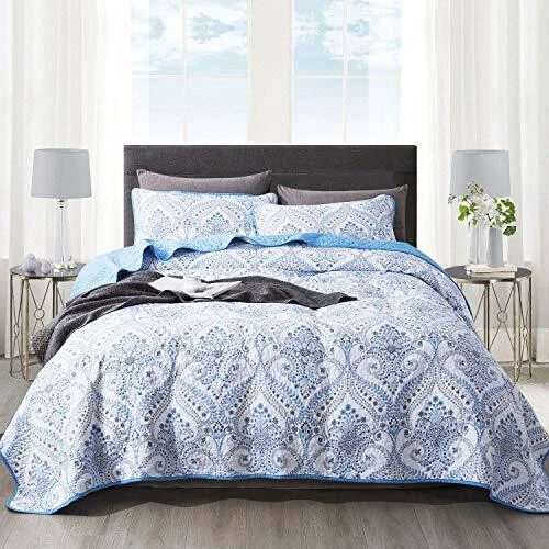 NEWLAKE Cotton Bedspread Quilt Sets-Reversible Patchwork Coverlet Set Blue C...