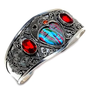 Goddess Face Rainbow Calsilica, Garnet Gemstone 925 Sterling Silver Cuff V289 - Picture 1 of 7