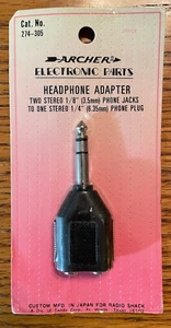 Archer 274-305 HEADPHONE ADAPTER Two Stereo 3.5mm Phone Jacks to One 1/4" Phone - Picture 1 of 2