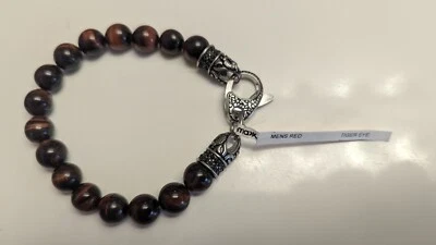 Blackjack Mens Genuine 10mm Red Tiger Eye Stainless Steel Beaded Bracelet - Image 1 of 4