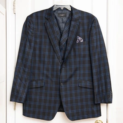 Traje italiano Statement Italy 3 piezas azul a cuadros 38R chaqueta/chaleco/pantalones clásico Foto 1 de 4