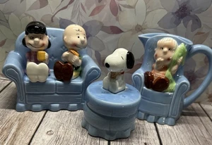 Vintage 1966 Snoopy Peanuts Willitts Creamer Sugar Bowl Salt Pepper w/ Boxes - Picture 1 of 12