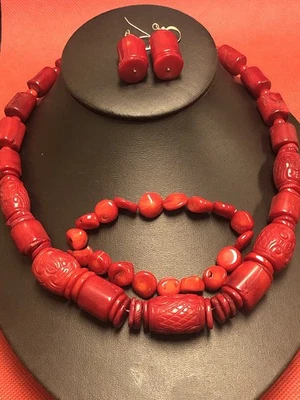 JAY KING CORAL ROJO TALLADO CONJUNTO COLLAR, PENDIENTES, PULSERA ELÁSTICA ESTERLINA 925 Foto 1 de 4