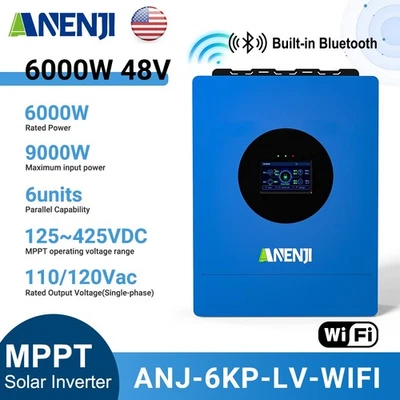 ANENJI 6000W 48V Solar Hybrid Inverter 110V/120V MPPT 120A Charge Controller Parallel