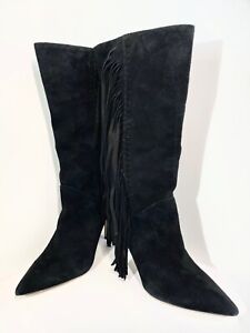Sam Edelman Women's Fayette Black Suede w/Fringe Trim Pointed-Toe Boots 7.5M