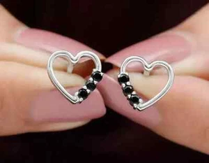 Stud Earring 14K White Gold Plated 1Ct Round Cut Lab Created Black Diamond - Picture 1 of 3