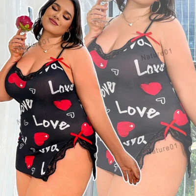 Sexy Womens Heart Print Lingerie Lace Deep V-Neck Mini Dress Nightgown Sleepwear - Image 1 of 4