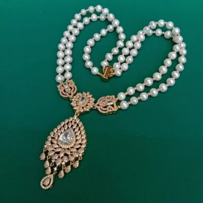 2 Strands Cultured White Pearl Cz Pave Pendant Necklace Boho Collier Jewelry - Image 1 of 4