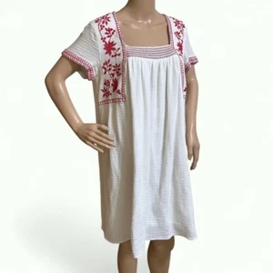 Old Navy Womens Dress L White Red Embroidery Textured Lined Boho Summer Beach - Picture 1 of 15