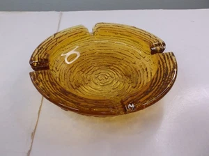 Vintage Gold Amber MCM Style Heavy Round Textured Glass Ashtray W/ 4 Slot 1970's - Picture 1 of 3