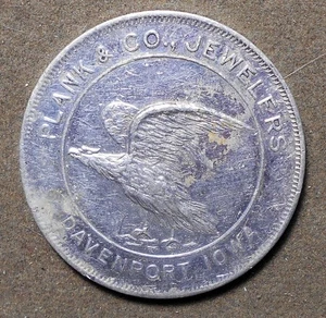 D125 Davenport, Iowa, Plank & Co. Jewelers (Eagle0 Good Luck Token (Luck Symb - Picture 1 of 2