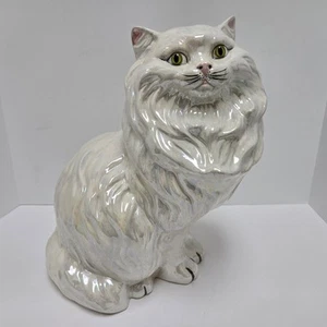 Estatuilla Estatua Gato Persa Blanco Gris Iridiscente Cerámica 14" Grande 1982 De Colección - Imagen 1 de 13