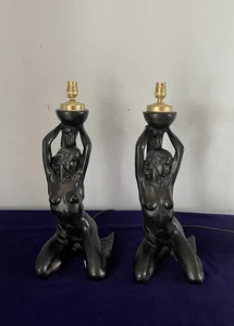 Art Deco Ebonised Plaster Kneeling Nude Female Lamps Pair - Rare - Picture 1 of 12