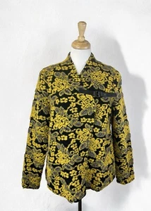 Icelandic Design Yellow Black Wool Blend Sweater Jacket Floral Textured M Cozy - Picture 1 of 13