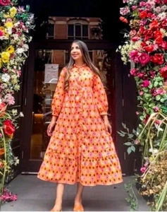 Zara Orange Printed Midi Maxi Dress with Beaded Ties Size M Bloggers HOLIDAYS - Picture 1 of 9