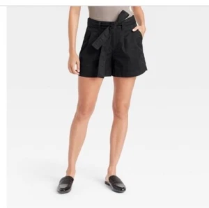 A New Day Womens Black Stretch High-Rise Pleat Front Tie Belt Shorts Sz 10 - Picture 1 of 4