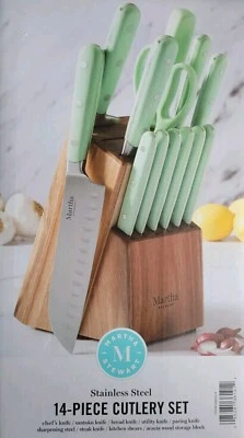 Juego de cuchillos cubiertos Martha Stewart ergonómicos de acero inoxidable de 14 piezas bloque de madera como nuevos Foto 1 de 4