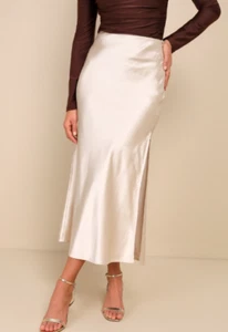 Chic Wishes Champagne Satin Midi Skirt for Women - Picture 1 of 12