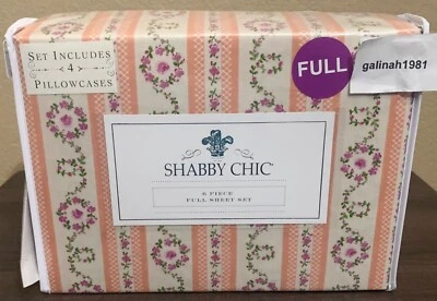 Shabby Chic Rachel Ashwell Stripe & Floral Rust Orange Pink Green Full Sheet Set - Image 1 of 4