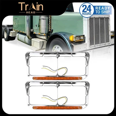 Chrome Headlight Bezel w/Amber LED Bar+Lens For Kenworth T600 W900 - Image 1 of 4