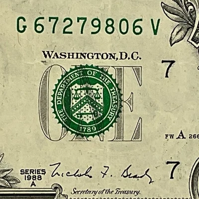 Billete de un dólar 1988A antiguo G67279806V impresión FW bloque GV Chicago Foto 1 de 4