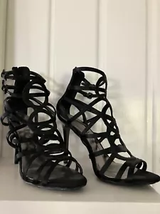 Sexy Black BCBGMaxazria Sandals size 9 Fabric upper Leather sole High Heel - Picture 1 of 9