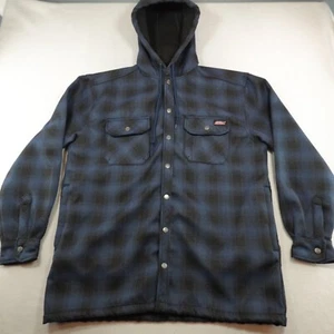 Dickies Shirt Jacket Mens Large Blue Black Plaid Flannel Hooded Snap Up Workwear - Picture 1 of 12