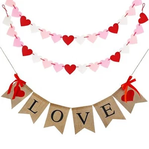 Valentine's Day Burlap Banner Rustic Love Hanging Banner & Felt Heart Garland - Picture 1 of 6