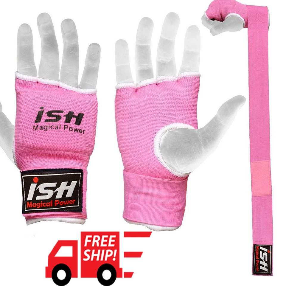 ISH SPORTS Gel Padded Inner Gloves Hand Wraps Bandages Boxing MMA Muay Thai Training Pink