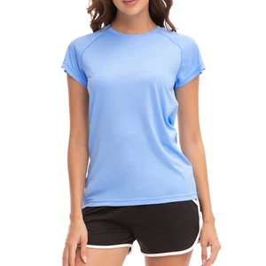 Women Uv Swim Shirt Short Sleeve Regular Fit Solid Protection Shirts UV SPF UPF - Picture 1 of 20