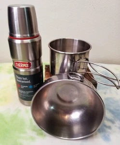 Lot 3 Compact Stainless Serveware~Backpack Camping Hiking~Thermos Bottle Pan Mug - Picture 1 of 17