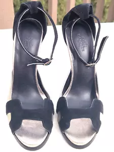 Authentic Hermes Black And Silver Leather Heels Ankle Strap Sandals Size 37 EUC - Picture 1 of 10