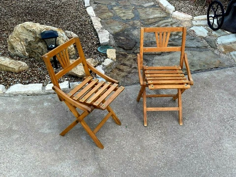 RARE Pair Antique Childs Folding Wood Camp / Deck CHAIRS Cover