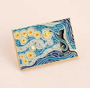 Cute Black Cat Kitten Painting Starry Night Pin Brooch Badge Style Novelty Gift - Picture 1 of 2