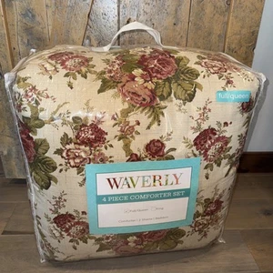 WAVERLY Norfolk Red Roses Floral 4pc Reversible Comforter Shams Bedskirt Set NEW - Picture 1 of 10