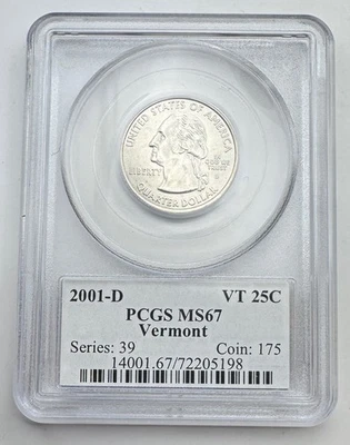 2001 D Washington Quarter - PCGS Graded MS67 - 25C -25 Cent Coin - Vermont - Image 1 of 2