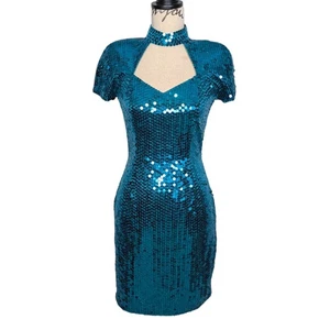 Vintage NiteLine by Della Roufogali Sequin Chappell Roan Dress Turquoise Blue 6 - Picture 1 of 12