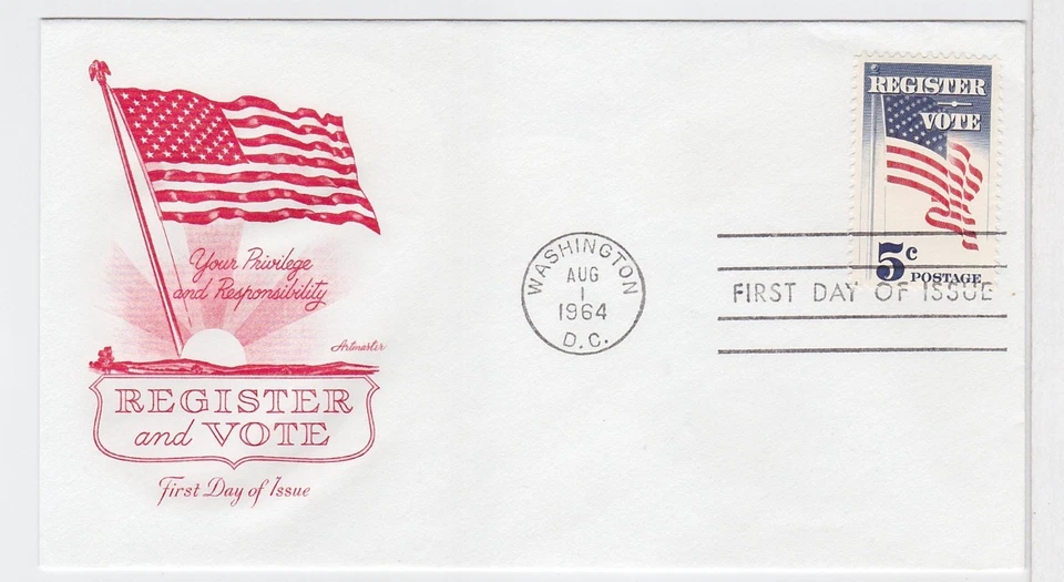 TurtlesTradingPost- Register & Vote Flag #1249- 1964 FDC Artmaster Cachet - Image 1 of 1