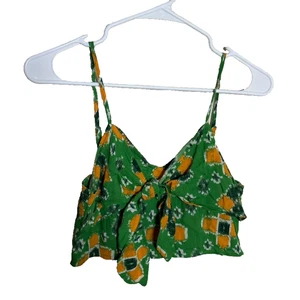 Aerie Tank Top Women's Small Green Smocked Floral Tie Cropped Boho Shirt - Picture 1 of 7