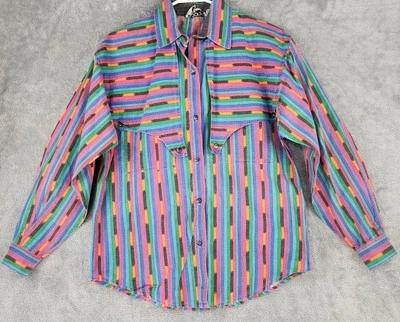 Adobe Rose Shirt Womens Medium Rainbow Striped Western Cowgirl Button Up Vintage - Image 1 of 4